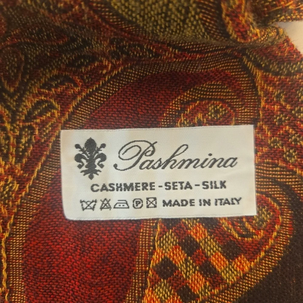 Cashmere Silk Pashmina Fringe Oversized Paisely Burgungdy Brown Scarf Shawl